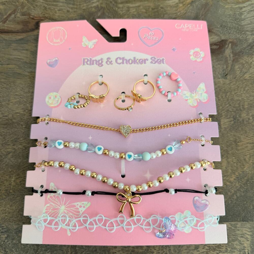 🍭6/$30 New Capelli New York 10 piece girl's Y2K ring and choker set